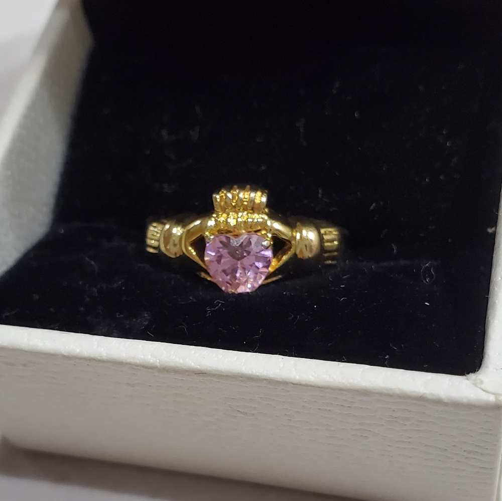 Claddaugh Ring with Genuine Cz Pink Heart 18k Plat